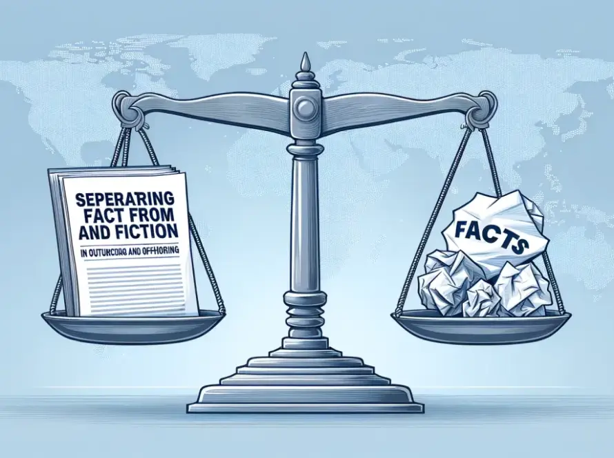 A balanced scale with a document labeled "Separating Fact from Fiction in Outsourcing and Offshoring" on one side and crumpled papers labeled "Facts" on the other side, highlighting the balance between misconceptions and realities.