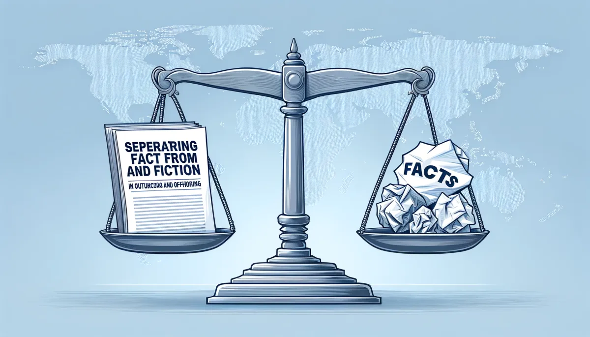 A balanced scale with a document labeled "Separating Fact from Fiction in Outsourcing and Offshoring" on one side and crumpled papers labeled "Facts" on the other side, highlighting the balance between misconceptions and realities.