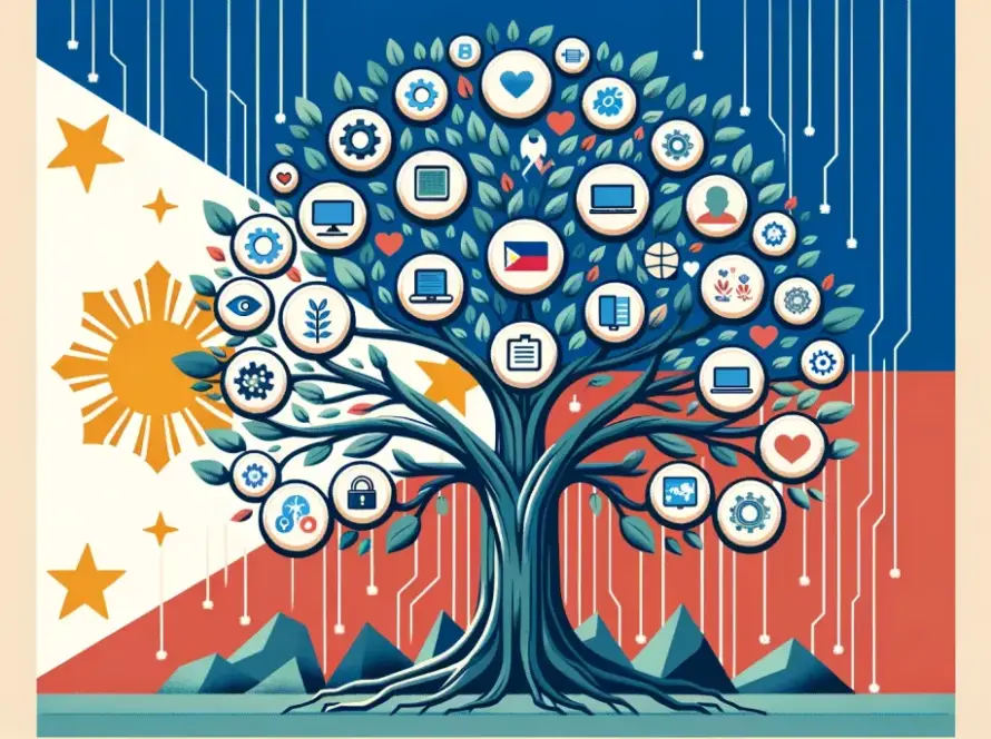 An illustration of a thriving tree with various icons representing business process outsourcing activities, set against the Philippine flag backdrop.