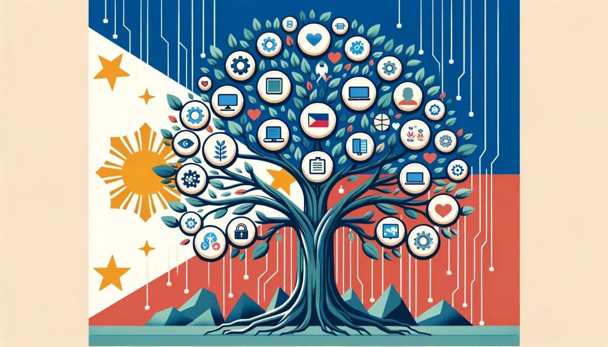 An illustration of a thriving tree with various icons representing business process outsourcing activities, set against the Philippine flag backdrop.